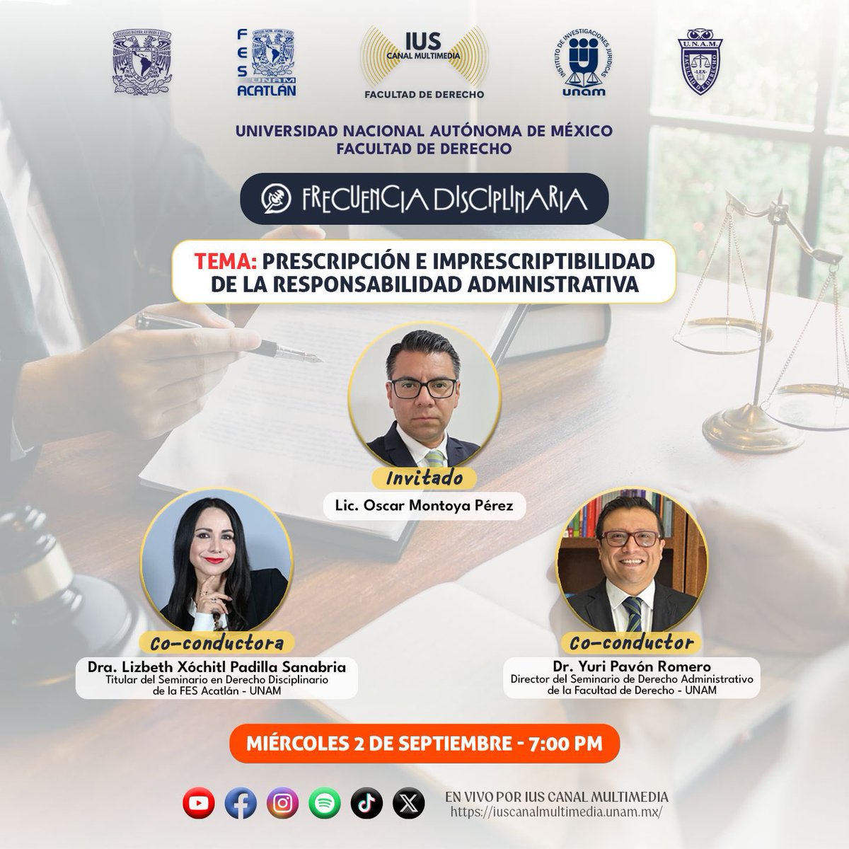 lanavajadeockam's tweet photo. 📢 Mañana en "Frecuencia Disciplinaria" analizaremos la "Prescripción e Imprescriptibilidad de la Responsabilidad Administrativa" con el Lic. Oscar Montoya. Conducen: Dra. Lizbeth Padilla y Dr. Yuri Pavón.
🗓 Miércoles 2 sept
🕖 7:00 PM
📺 IUS Canal Multimedia https://t.co/06qHDz8q7z
