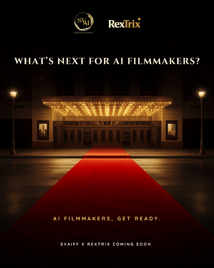 RextrixAI's tweet photo. What’s next for AI filmmakers? 👀
Something big is coming to RexTrix.
Your AI film might be ready for a bigger stage.

🎬 AI filmmakers, get ready.
SVAIFF × RexTrix — Coming Soon.
#AIFilmmakers #AIFilm #AIFilmmaking #AICinema #AIFilmFestival #GenerativeAI #AIArtists #IndieFilmmakers #FutureOfFilm #Filmmaking #FilmFestival #SVAIFF #rextrixai