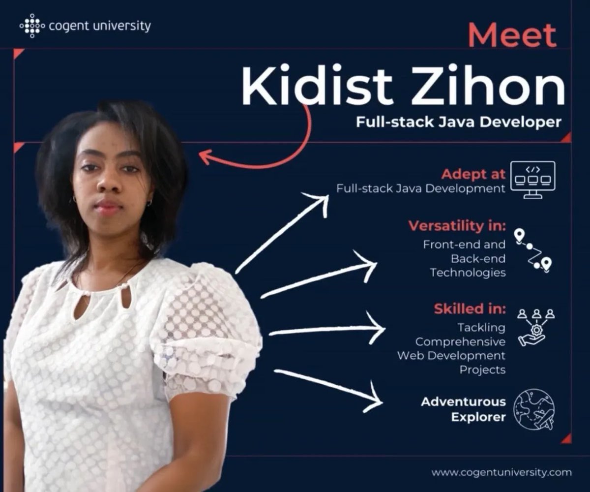 Cogentuni's tweet photo. Kidist Zihon excels in full-stack Java development, showcasing her versatility in handling the diverse aspects of software development.
#FullStackDeveloper #JavaDeveloper #WomenInTech #TechTalent #WebDevelopment #TechCareers #Innovation #ITConsulting #DeveloperLife #STEM https://t.co/oAdPQnBHst