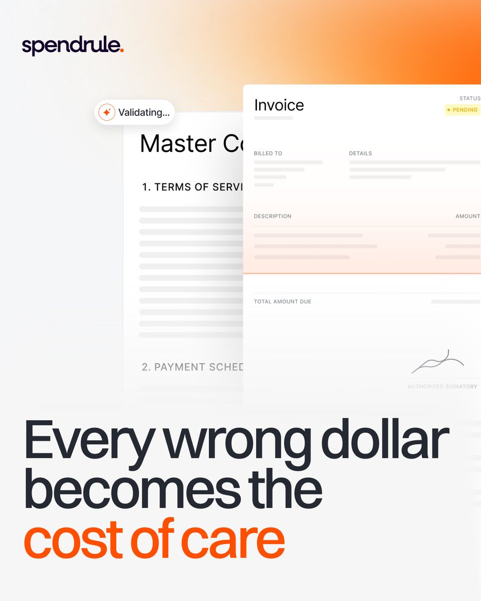 spendrule's tweet photo. Every dollar overpaid on a purchased services invoice is a dollar that was meant for care.

It does not feel that way in the moment. The invoice clears, the payment goes out, the books balance. But that money had a job, and overpaying a vendor was not it.

That is why prevention beats recovery. Validating the invoice against the contract before payment keeps the dollar where it belongs, instead of chasing it back a year later.

When the savings cost nothing in care, the only question is why wait.

#ContractEnforcement #supplychainmanagement #PrepaymentValidation #healthcare #AIinHealthcare #HealthcareSupplyChain #Purchasedservices #artificialintelligence #ContractIntelligence