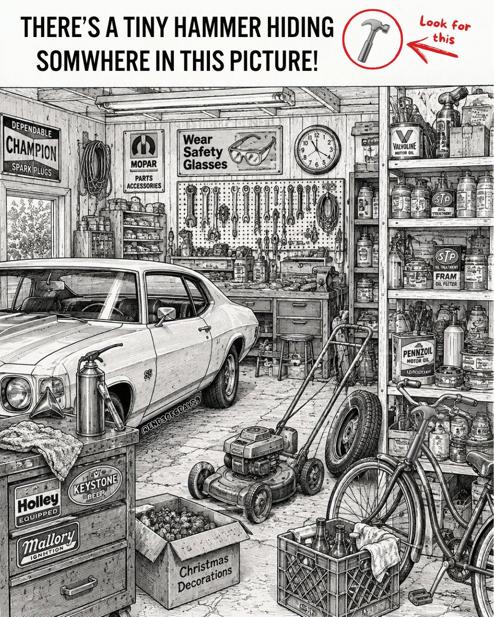 end3of6days9's tweet photo. Somewhere in the 1970s, every garage looked a little bit like this.

Tools on the wall, oil cans on the shelves, a bike in the way, and a box of Christmas decorations nobody touched for 11 months.

But for some reason, I can't find the hammer.
Can you? 🔨

How long did it take you?