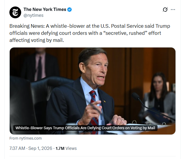 lamps_apple's tweet photo. I even named The New York Times as an active participant in this years-long operation.

Guess what? At 7:37 a.m. ET, the Times broke Blumenthal’s anonymous USPS “whistleblower” story.

In April, I wrote:

“Certainly not The New York Times, which is literally, literally, the distribution channel for the operation.”

Anonymous insider → Blumenthal → New York Times exclusive → national amplification → Eisen’s court filings.

Nikolas Bowie’s (who I believe is the supreme court leaker) book attacking the Supreme Court will be released this fall. Expect more internal Supreme Court material to appear through the Times as the book tour and midterm campaign intensify.

This operation was years in the making. Its participants are not hiding. They are telling Americans exactly what they intend to do.

Apple Lamps, April 2026: 

"And nobody, nobody in the big media, is covering it. Not CNN. Not MSNBC. Certainly not the New York Times, which is literally, literally, the distribution channel for the operation. So the alarm has to come from somewhere else. It has to come from Americans who can still see the thing for what it is. Because this, right here, this machine I've just described, this is the most dangerous thing in American public life today. More dangerous than inflation. More dangerous than the border. More dangerous than anything on the evening news. And the people running it are the most credentialed, most institutional, most establishment voices the Democrat Party has left.

Think about what kind of country we are going to have if they win this fight."