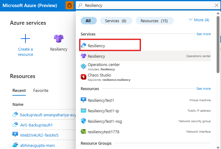 Screenshot shows how to search for Resiliency.