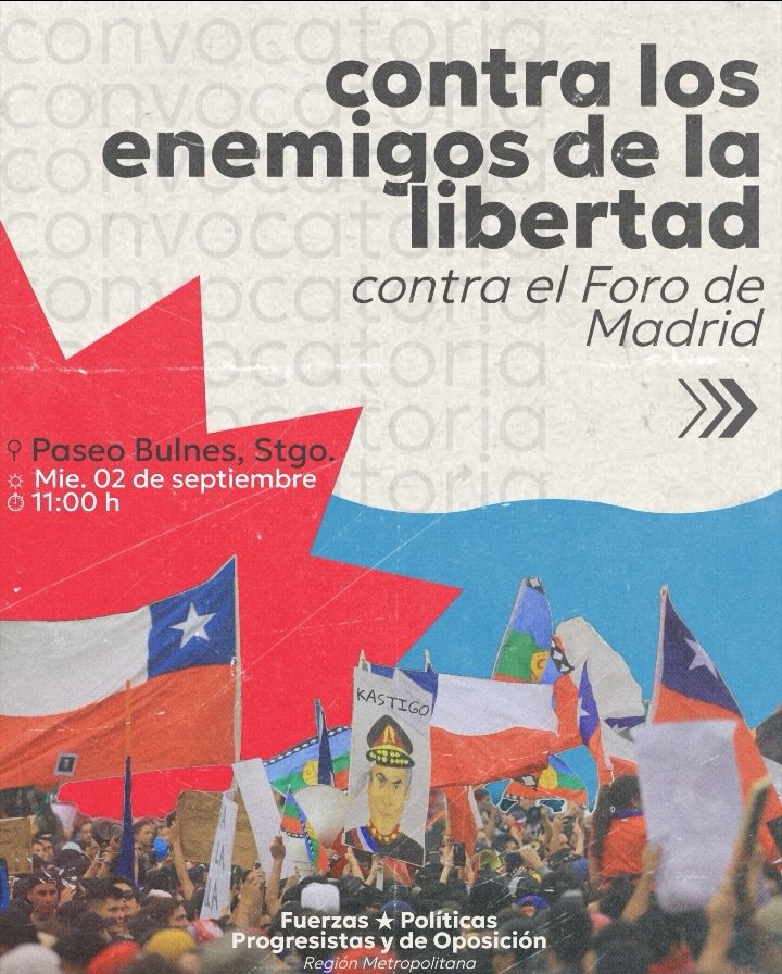ElHiloCL's tweet photo. 🔴 REPUDIO AL FORO DE MADRID

🔷 Juventudes Progresistas y de Oposición llaman a un Acto Mañana 2 de Septiembre en Paseo Bulnes para repudiar la llegada de "Los Enemigos de la Libertad" al Foro Fascista de Madrid

🔷 La convocatoria es a las 11:00 Hrs en el Paseo Bulnes

#RenunciaKast
#NoAlForoDeMadrid