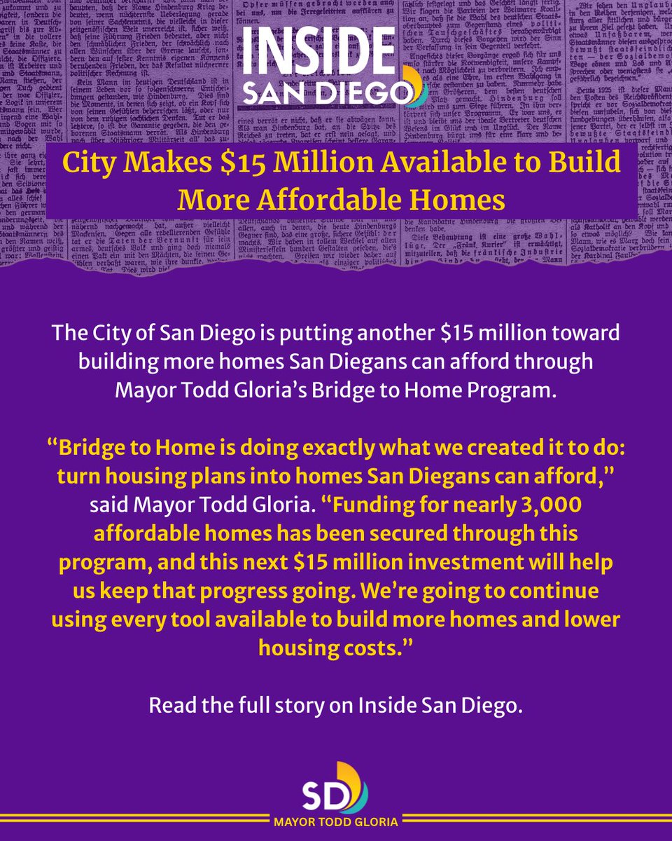MayorToddGloria's tweet photo. 🏡The @CityofSanDiego is putting another $15M to getting homes built that San Diegans can afford.

Bridge to Home helps close funding gaps so affordable housing projects can move from plans to construction. 

We’re using every tool available to build more homes.

#ForAllofUs https://t.co/u1RNUFMtpd