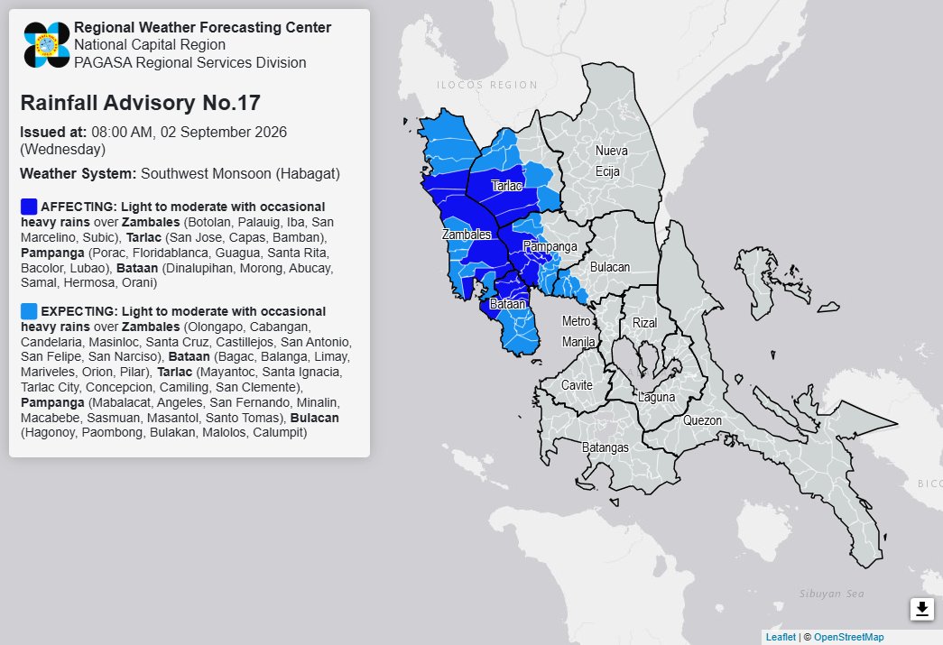 dost_pagasa's tweet photo. Rainfall Advisory No. 17 #NCR_PRSD
Weather System: Southwest Monsoon (Habagat)
Issued at: 8:00 AM, 02 September 2026(Wednesday)

Light to moderate with occasional heavy rains are expected over Bulacan(Hagonoy, Paombong, Bulakan, Malolos, Calumpit).

Light to moderate with occasional heavy rains affecting Zambales(Botolan, Palauig, Iba, San Marcelino, Subic), Tarlac(San Jose, Capas, Bamban), Pampanga(Porac, Floridablanca, Guagua, Santa Rita, Bacolor, Lubao) and Bataan(Dinalupihan, Morong, Abucay, Samal, Hermosa, Orani) and may affect nearby areas.
The public and the Disaster Risk Reduction and Management Offices concerned are advised to MONITOR the weather condition and watch for the next warning to be issued at 11:00 AM today.
For more information and queries, please call telephone numbers 8927-1335 and 8927-2877 or log on to https://t.co/59mTpZJq1n.