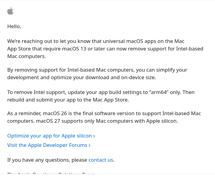 aaronp613's tweet photo. On his first day as CEO, John Ternus is now allowing developers to remove Intel support for apps that require macOS 13 and later

(h/t @nicolas09F9) https://t.co/9Ms0hgWnnw