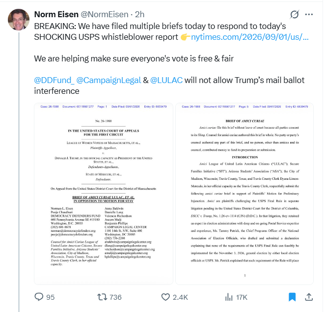 lamps_apple's tweet photo. In April, I warned that Democrats were building a “stolen 2026 election” narrative. I specifically named Senator Richard Blumenthal as one of the people preparing it.

Five months later, who releases the anonymous USPS “whistleblower” report claiming Trump is sabotaging the election?

Senator Richard Blumenthal.

Norm Eisen’s Democracy Playbook, his 178-page guide to removing elected governments, describes the exact sequence in Section 1.1.C, “Judicial and Prosecutorial Independence and Rule of Law.”

It recommends that federal prosecutors and agents:

- Remain in their government positions.
- Engage in legally protected whistleblowing.
- Take information directly to members or committees of Congress.
- Use the press and litigation.
- Combine “public and private activities” to undermine the government in power.

That is precisely what happened.

A government insider remained embedded. An anonymous disclosure was routed to Blumenthal. Blumenthal released it. The media amplified it. Eisen incorporated it into multiple court filings that same day.

I did not connect these dots afterward. I published the warning five months earlier and named the senator who would become the central conduit.

These people openly tell us exactly how they intend to propagandize the American people, manipulate our institutions, and secure permanent communist rule.

Why do we continue allowing it to happen?