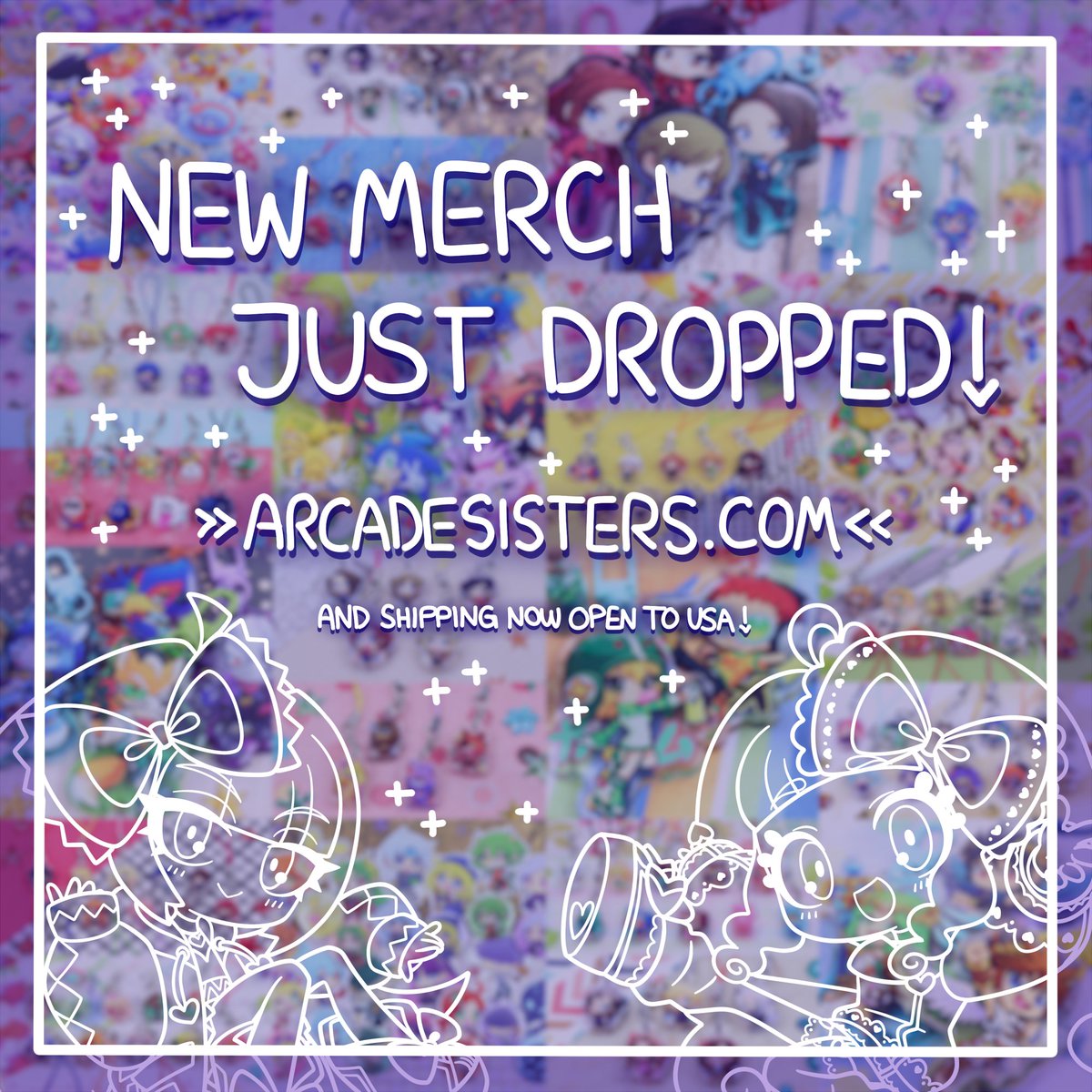 ArcadeSisters's tweet photo. Hey guys! New merch just dropped on our website! Plus shipping to United-States is now open 🥳🥳🥳 Some stock may be low, but a big restock is planned in the next months. Gotta go fast before it's too late!

👾 https://t.co/8njRl7sl9C 👾 https://t.co/XqnbIyJCPn