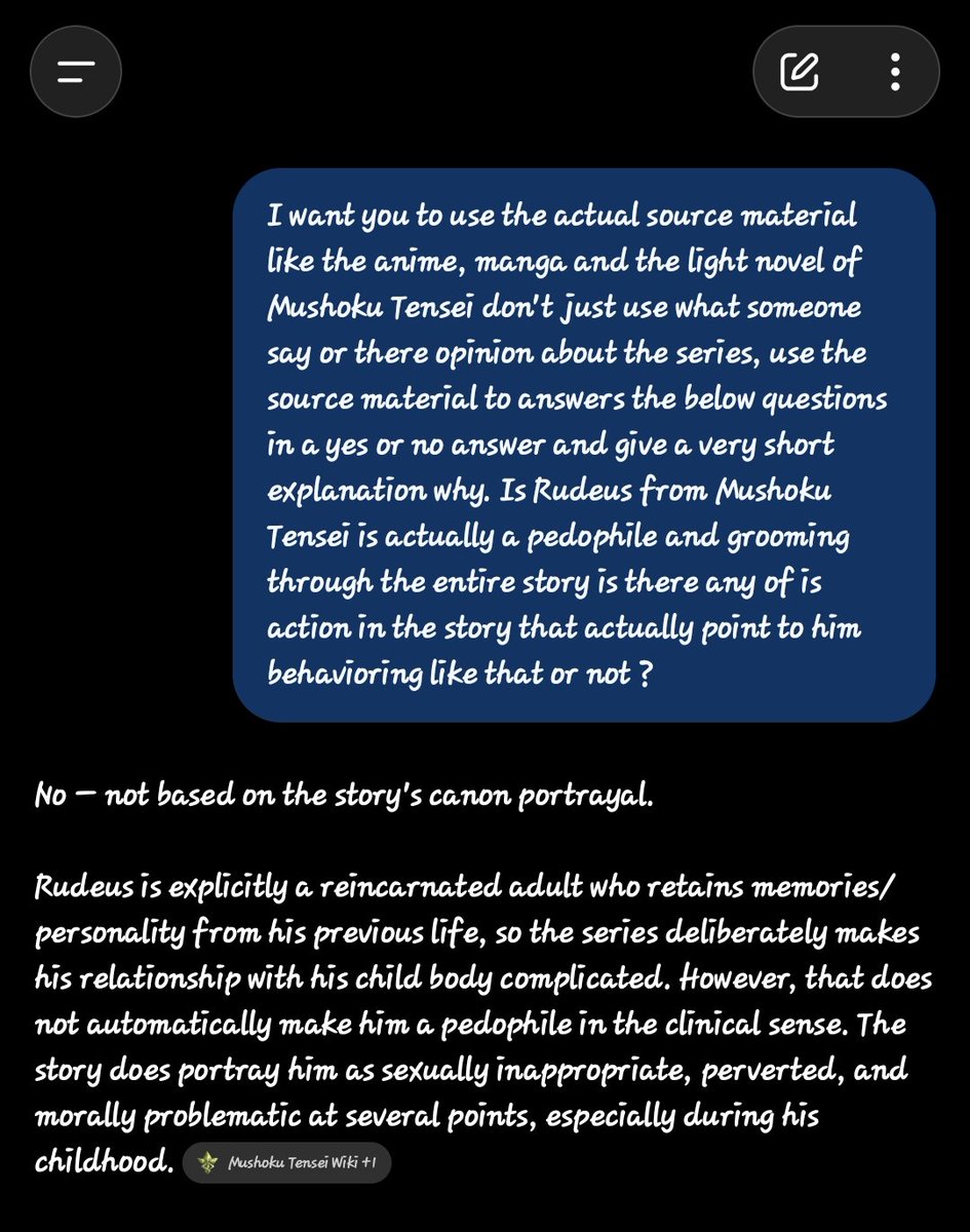 BullWeb3Sol's tweet photo. @Tboi_01 There is a misconception information about Rudeus that he is a Pedophile and also he grooms a child because that actually not true and if you believe it your media literacy need to be questioned just check the below image below and you can search your self to confirm it https://t.co/v61dYj6YL6