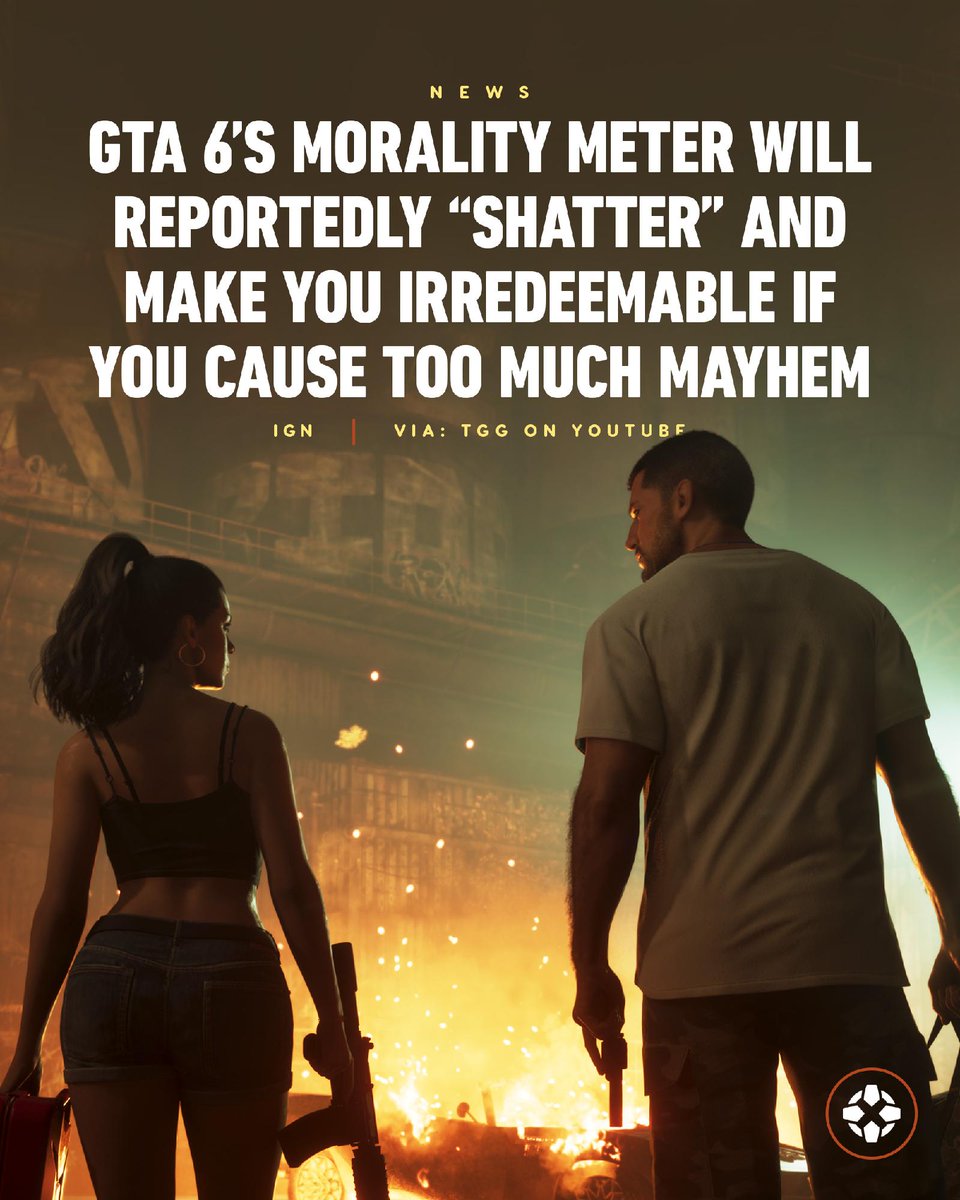 IGN's tweet photo. Grand Theft Auto 6's morality meter can reportedly "shatter" and lead to you becoming essentially irredeemable for an entire playthrough of the game. https://t.co/s5Imo7hUvd https://t.co/18mtYryKeW