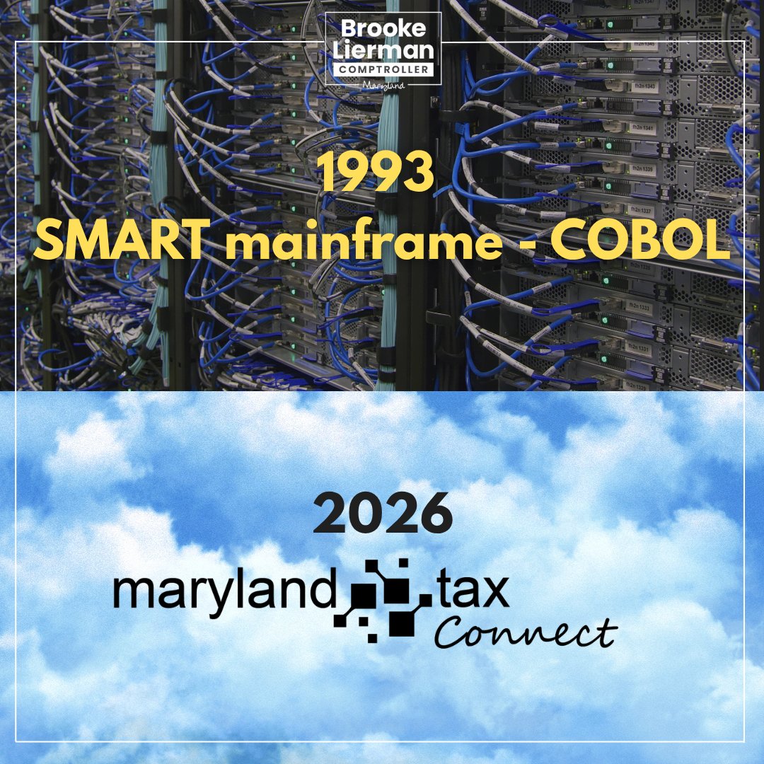 BrookeELierman's tweet photo. Comptroller Louis Goldstein was a legend – and also an innovator. In 1993, he moved our tax system from paper and pencil to the mainframe. 

33 years later, we’re moving 4 billion records off a decades-old mainframe and onto the cloud.

Check it out: https://t.co/qEMzaXhUdV https://t.co/54bLDUy7pF