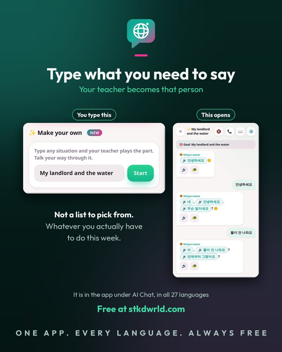 stkdwrld's tweet photo. Type "my landlord and the water" and your teacher becomes the landlord. New in the app, 27 languages: https://t.co/b3g33wlgXp

One app. Every language. Always free https://t.co/FX8E988hwq