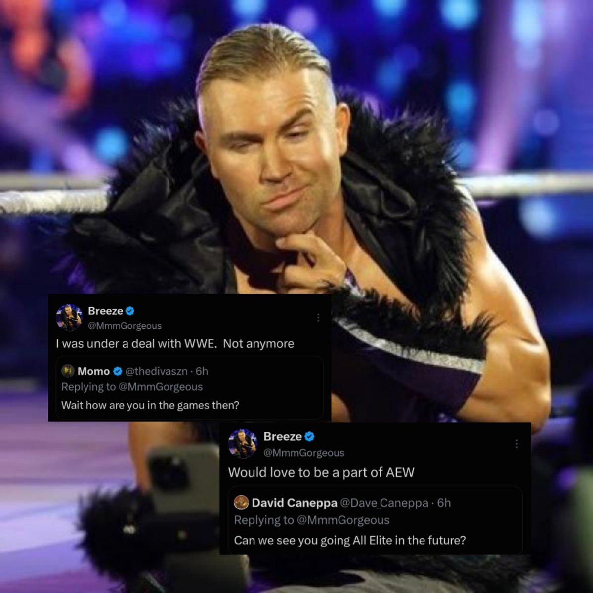 updatewrestle13's tweet photo. Tyler Breeze said in the latest Q/A on Twitter that he no longer works for WWE and also said he would love to be part of AEW in future https://t.co/eVruewPHlE