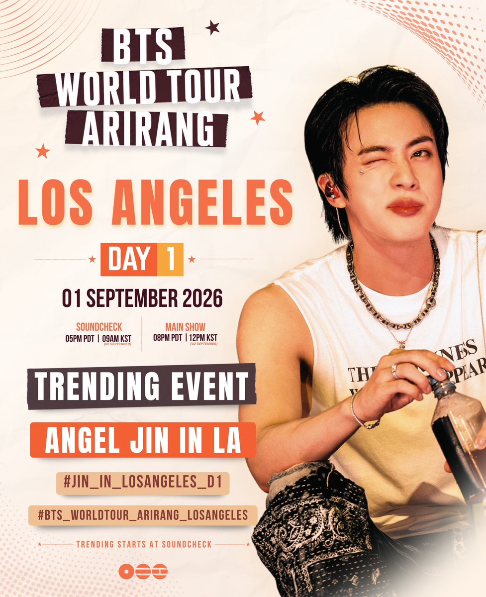 hourjinnie's tweet photo. BTS now begins their FOUR night concert run in Los Angeles, California 🇺🇸 🌴 

Let’s support Jin this week!

Tags 🏷️ 

ANGEL JIN IN LA
#JIN_IN_LOSANGELES_D1
#BTS_WORLDTOUR_ARIRANG_LOSANGELES https://t.co/LVvk1uV1cl