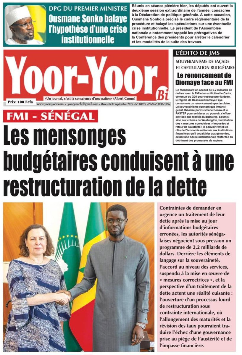 Yoor_Yoor_Bi's tweet photo. La Une de Yoor-Yoor Bi de ce mercredi 02 Septembre 2026
À vos kiosques et bonne lecture!
#Bu_Baax_Bi  #Yoor_Yoor_Bi https://t.co/kbRzZAGAYh
