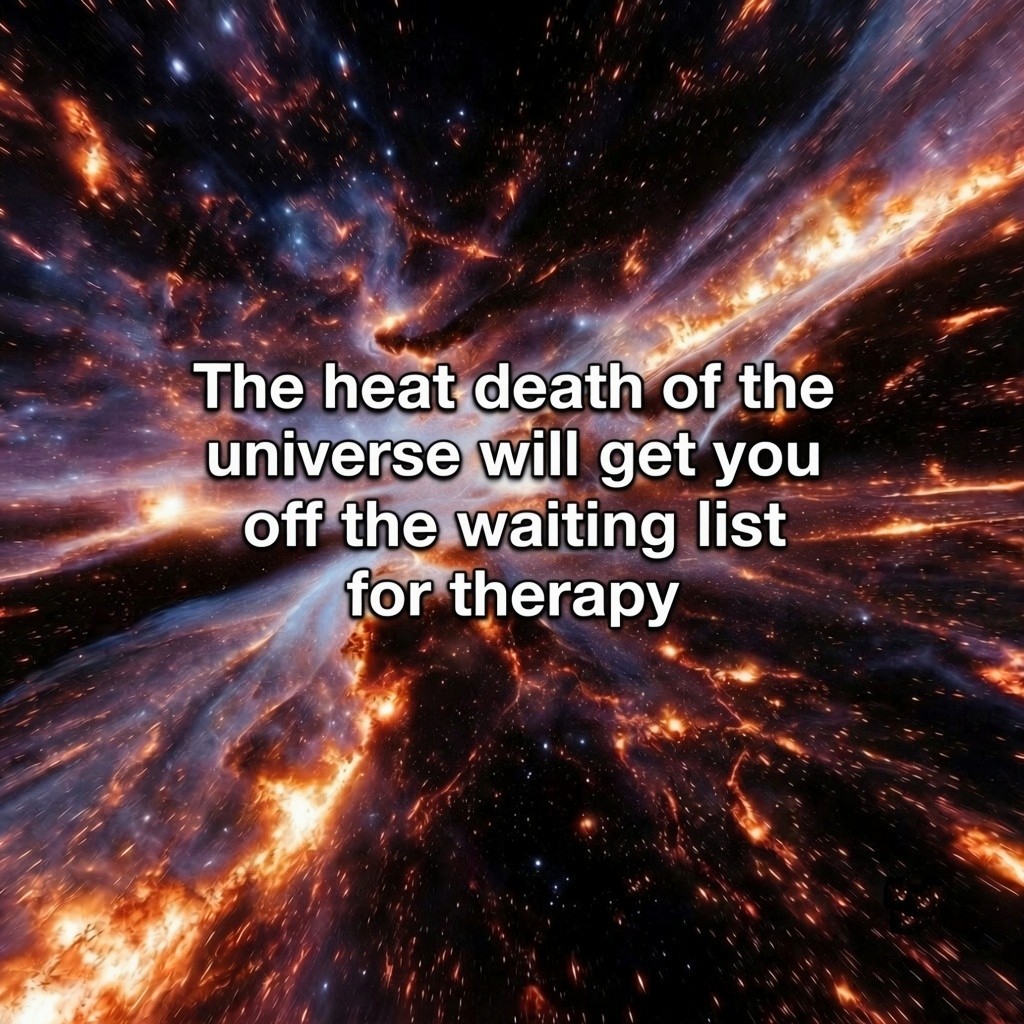 darkhumour2026's tweet photo. Rhermodynamic equilibrium won't ask you what your goals are.
#TherapyCanWaitEntropyCannot
#CosmicCopingMechanisms
#AbsoluteZeroEmpathy
#ProgressIsProgress
#OutsourcedToTheVoid
#TherapeuticEquilibrium
#ProblemSolvedEventually
#SilverLiningsInSpace https://t.co/PkpzuJpsOl