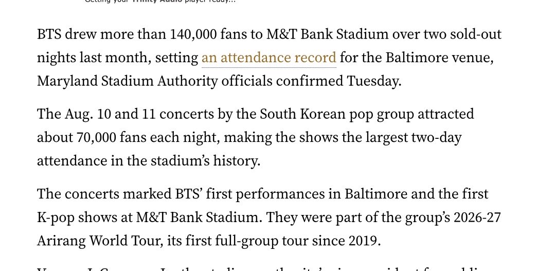 starboykkyu's tweet photo. BTS now holds the largest two-day attendance in M&amp;T Bank Stadium HISTORY! About 70k per night. https://t.co/OgsWDjTdNV