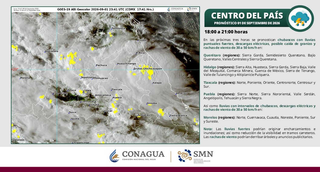 conagua_clima's tweet photo. Para las próximas horas se pronostican #Lluvias fuertes, #DescargasEléctricas y #Rachas de #Viento de 30 a 50 km/h en zonas del centro del país, #CDMX y #EdoMéx. https://t.co/2zjVdqAUOX