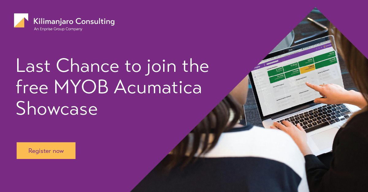 kilimanjaroANZ's tweet photo. Time is running out to register for our free MYOB Acumatica showcase this Sept. See why MYOB Acumatica is the number 1 ERP with a demo of the system's features. Register today: https://t.co/djwTsdEFcF
#MYOBAcumatica #KilimanjaroConsulting #InPersonEvent #MYOB #TechEvents #ERP https://t.co/CfwX3S0plL