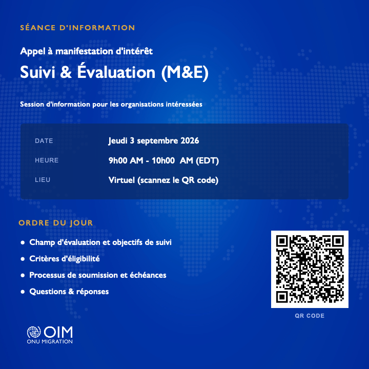 IOMHaiti's tweet photo. L'OIM organise une séance d'information pour la contractualisation d'un prestataire de suivi et d'évaluation (M&amp;E).

🗓️ 3 septembre 2026 | 9h00-10h00 AM (EDT)

👇 Rejoindre la session : 
https://t.co/slMb6CWj8T

📄 Plus d'informations : 
https://t.co/0o0RBKBYFX https://t.co/hyQQ8vETaI
