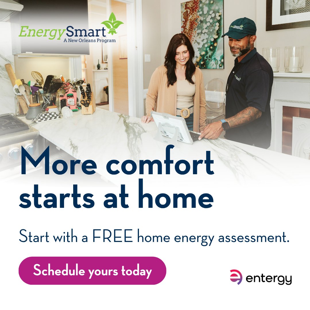 EntergyNOLA's tweet photo. More comfort starts with knowing how your home is performing.
A FREE home energy assessment can identify opportunities to improve comfort, reduce energy waste and provide personalized recommendations for your home.

Schedule yours today: https://t.co/NiqJw3Dw1F

#EnergySmartNOLA #HomeComfort