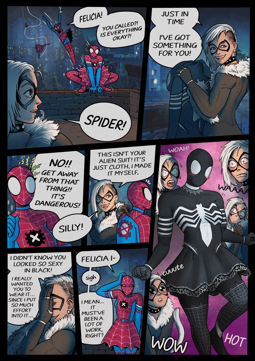 FarmIykay's tweet photo. A short comic.
Panel 1:
Black-Cat is standing on a roof as Spider-Woman, Petra #spiderman 

Artist; Lovethrupoke from Bluesky https://t.co/bTTH1TwX6u