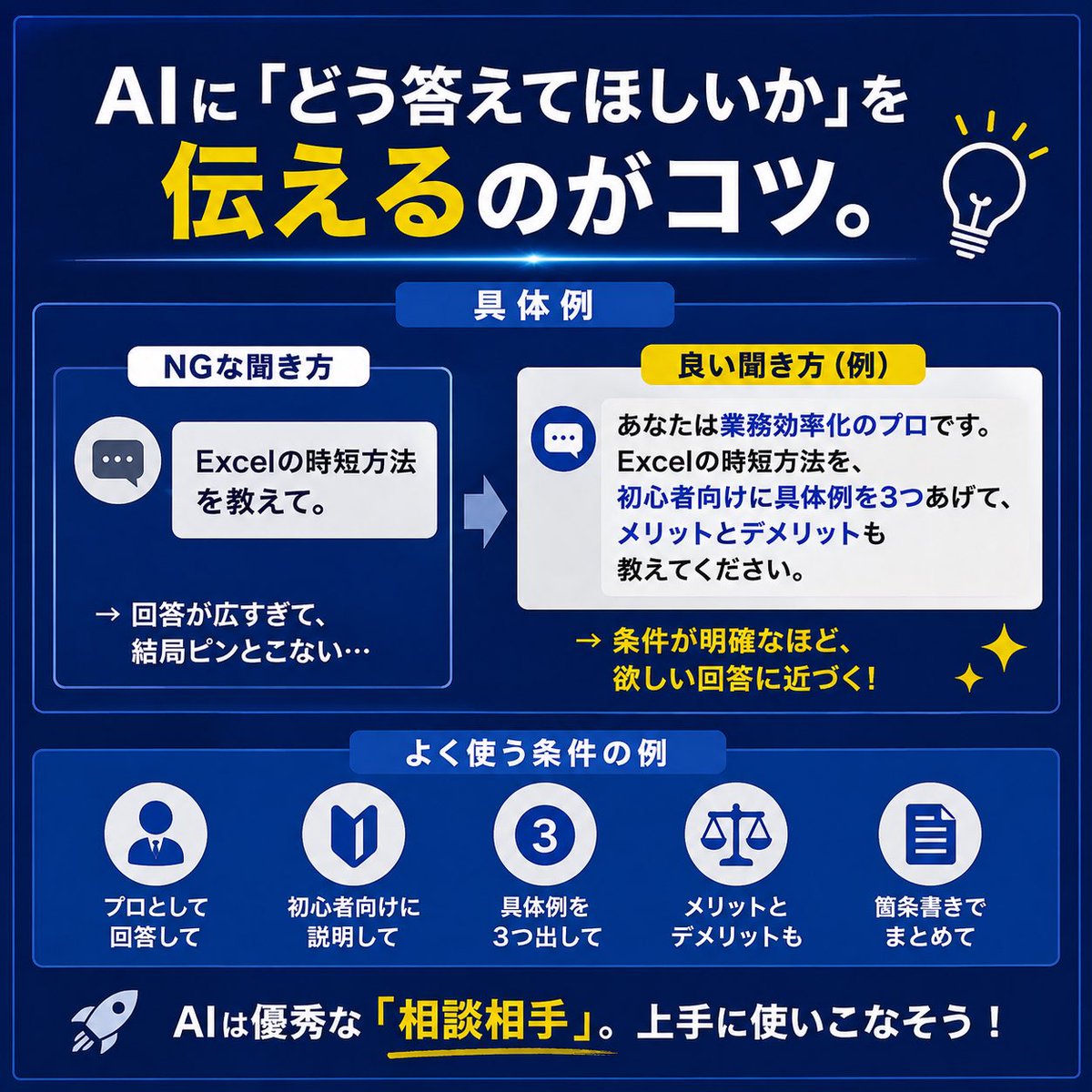 riprip0120's tweet photo. 「〇〇のプロとして回答して」と役割を与えてみる。

さらに
・初心者向けに
・具体例を3つ
・メリットとデメリットも

のように条件まで指定すると、欲しい回答にかなり近づきます。

AIは「何を聞くか」だけでなく、
「どう答えてほしいか」を伝えるのがコツ https://t.co/ejPiUdrqCp
