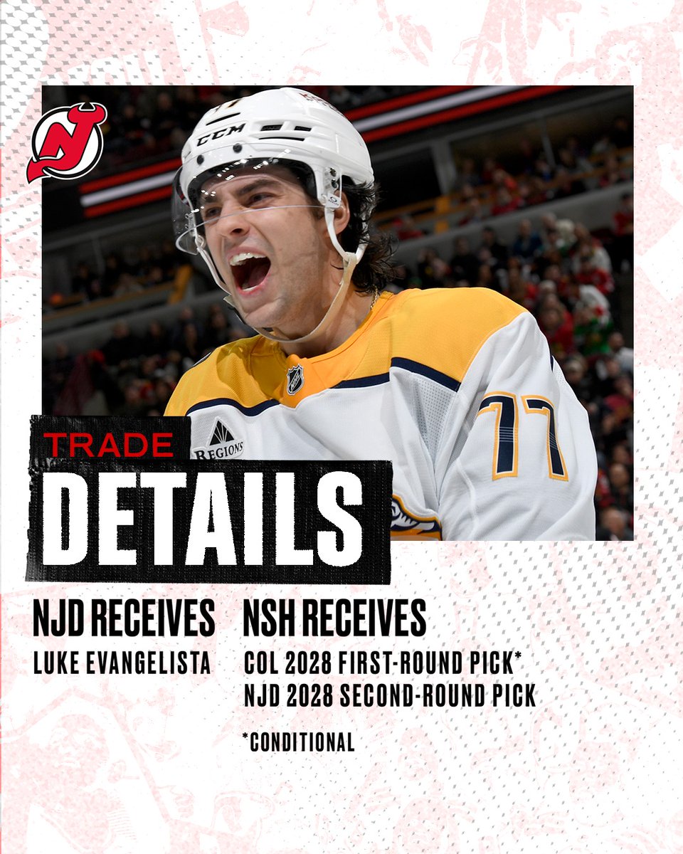 NJDevils's tweet photo. #BREAKING: We've acquired forward Luke Evangelista from Nashville in exchange for two picks in the 2028 NHL Draft.