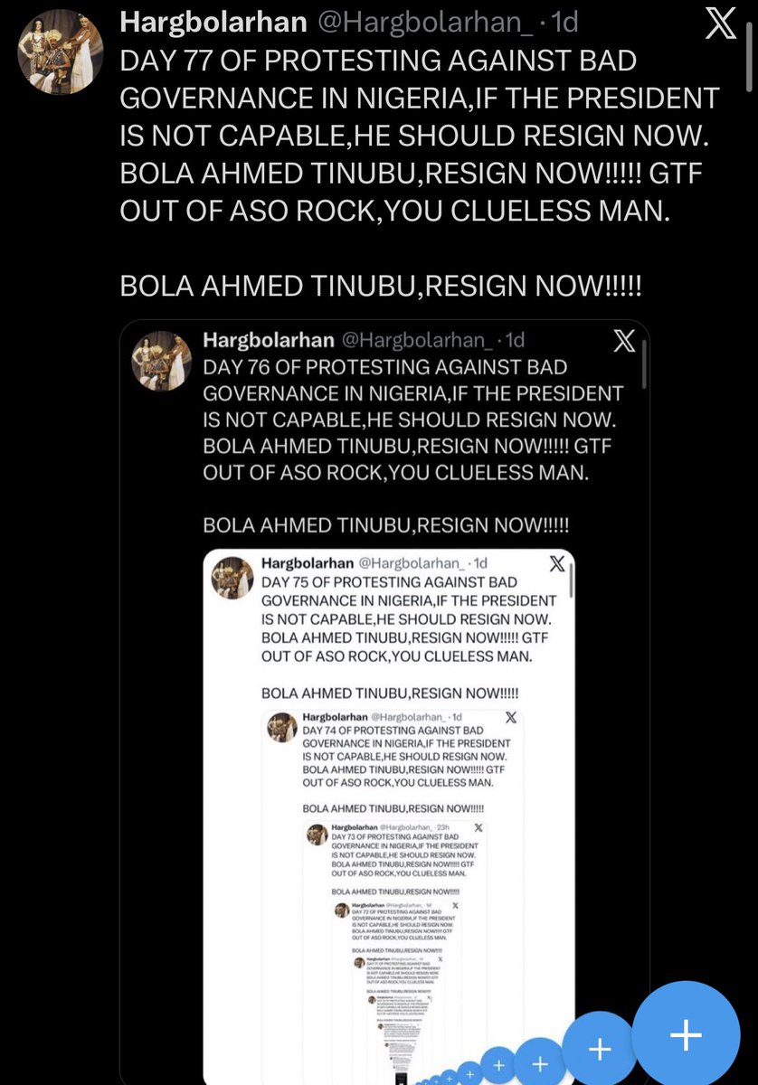 Hargbolarhan_'s tweet photo. DAY 78 OF PROTESTING AGAINST BAD GOVERNANCE IN NIGERIA,IF THE PRESIDENT IS NOT CAPABLE,HE SHOULD RESIGN NOW. 
BOLA AHMED TINUBU,RESIGN NOW!!!!! GTF OUT OF ASO ROCK,YOU CLUELESS MAN. 

BOLA AHMED TINUBU,RESIGN NOW!!!!! https://t.co/jilY5eLiZu