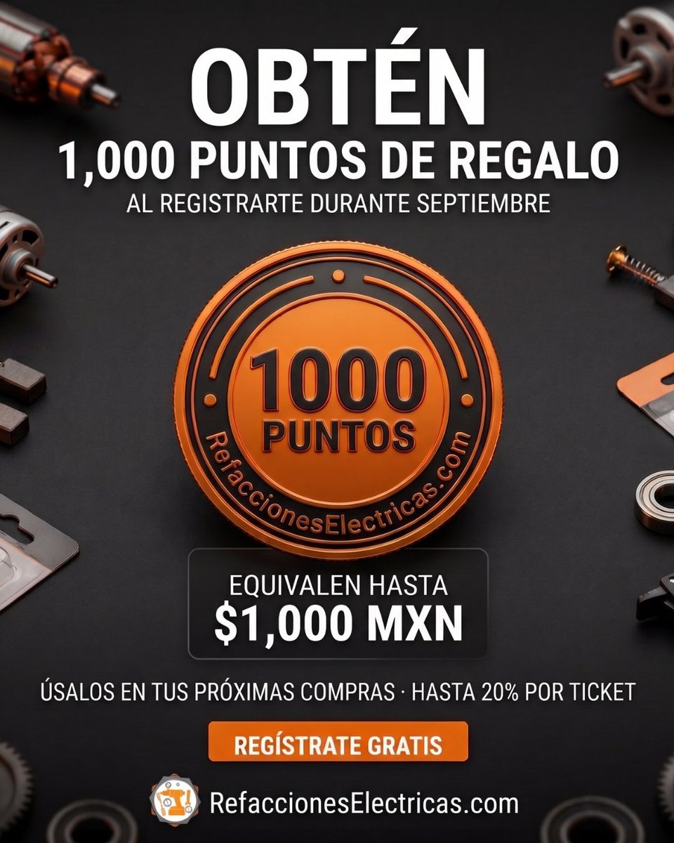 RefaElectrica's tweet photo. BONO DE BIENVENIDA

Regístrate gratis y recibe 1,000 puntos de regalo para tus compras de refacciones.

1 punto = $1 MXN de descuento.

Regístrate aquí:
https://t.co/twFwJ2KfNU
Consulta términos y condiciones.

#refaccioneselectricas #reparaciondeherramienta #promocion #puntos https://t.co/tzmBa2cR3Q