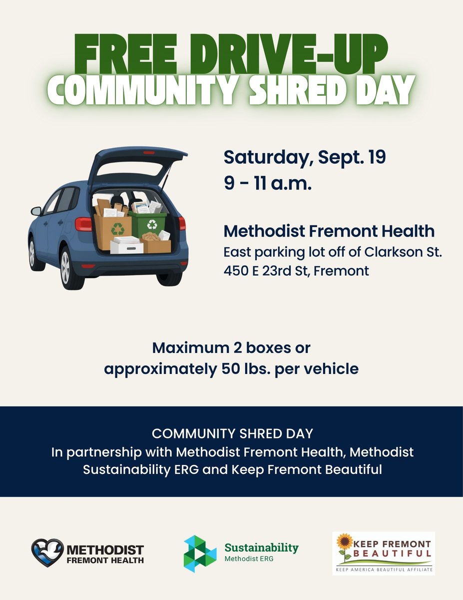 kfb_fremont's tweet photo. Methodist Fremont Health is hosting a 𝑭𝒓𝒆𝒆 𝑪𝒐𝒎𝒎𝒖𝒏𝒊𝒕𝒚 𝑺𝒉𝒓𝒆𝒅 𝑫𝒂𝒚, 𝑺𝒂𝒕𝒖𝒓𝒅𝒂𝒚 𝑺𝒆𝒑𝒕 19. 
Great way to safely get rid of sensitive documents. https://t.co/rncwLAjnuu