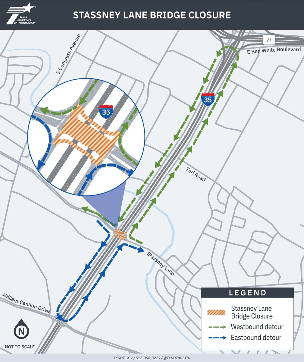 TxDOTAustin's tweet photo. TRAFFIC ALERT: Stassney Lane Bridge at I-35 will be closed nightly, Wed. Sept. 2 and Thurs. Sept. 3, from 9 p.m. to 6 a.m., for work on elevated managed lanes. Detours will be in place. Follow posted signage and remain alert in work zones.
#ATXtraffic #My35 https://t.co/wBamdTGuil