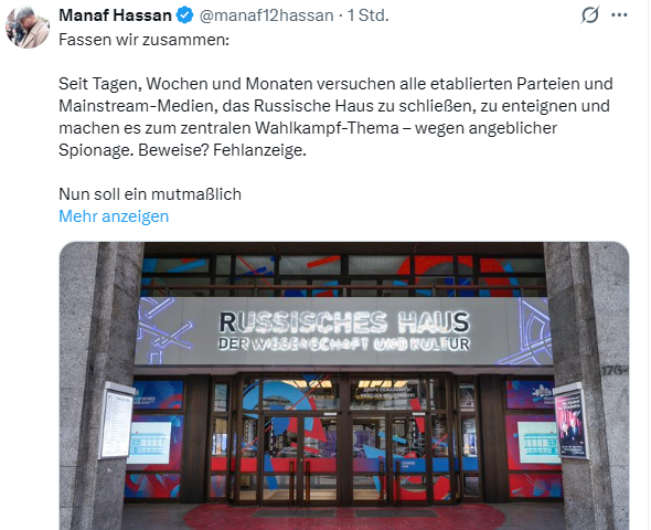 WagenWatch's tweet photo. Das Russische Haus dichtzumachen, ist schon allein deshalb eine gute Sache, weil sich BSW-Politiker wie Manaf Hassan erwartbar darüber aufregen. Außerdem wurde dort Putin gefeiert und der russische Angriffskrieg glorifiziert(🧵👇). It's about time.
https://t.co/U8EHdSpKWc https://t.co/ZAo29bcZPT