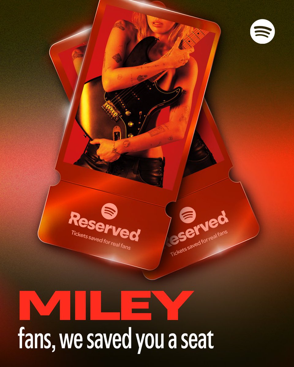 Spotify's tweet photo. .@miley fans, we saved seats just for you. She is taking over the Hollywood Bowl and a few lucky fans will receive an exclusive Reserved offer for tickets. Keep an eye on your email and Spotify to see if you’ve been selected. 

Reserved for eligible Premium subscribers only. Up to 2 tickets, for purchase. Select tours. Limited availability; not guaranteed. Fees apply. Non-transferable. Sold by third parties, subject to terms. See https://t.co/oFeBWNgePZ for details