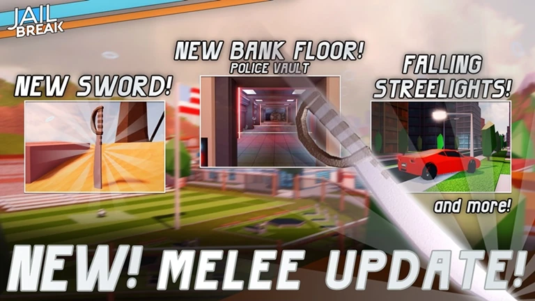 InfoForJB's tweet photo. 7 Years ago, the #Jailbreak Melee update released!

Adding:
- The Sword! ⚔️
- New Bank floor, the "Blue Vault!" 📄
- Street lights can now be knocked over! 💥

Should the Blue vault return?