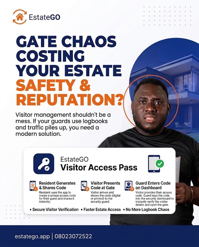 EstateGoNg's tweet photo. Is gate chaos costing your estate safety and reputation? 🛑

Paper logbooks, long queues, and security delays belong in the past. Upgrade your estate access control with EstateGO Visitor Management (Visitor Code)!

To Get Started...

🌐 Visit: https://t.co/yuu4Pzywr9 https://t.co/FLtf644VxJ