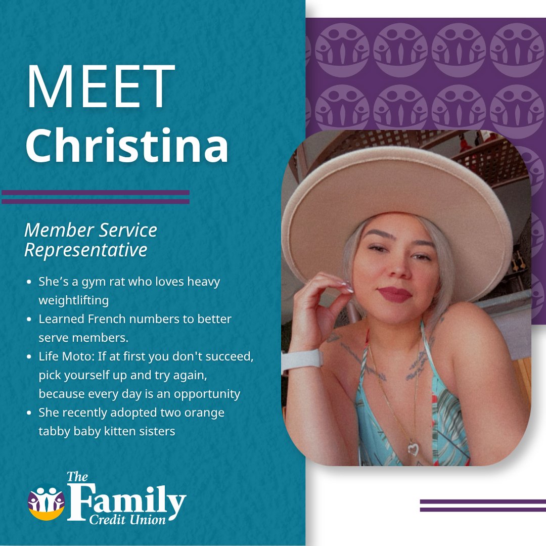 TheFamilyCU's tweet photo. Meet Christina, one of our member service representatives who has been part of TFCU team for the past 8 months! Christina loves the people she works with, enjoys staying active, and believes that every day is an opportunity to learn and grow. Happy to have you on the team! https://t.co/p57az0ccJk