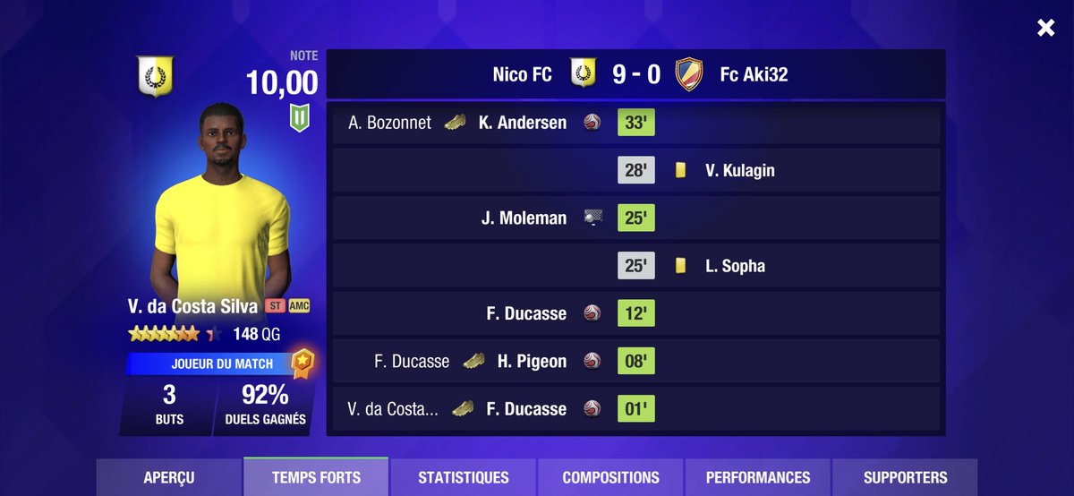 NicoFCfr's tweet photo. Ligue: Grâce à un triplé de Da Costa Silva, des doublés de Ducasse et de Moleman et des buts de Pigeon et d'Andersen, Nico FC balaye son adversaire 9-0 et revient à un petit point du top 3 à 4 journées de la fin! #TopEleven https://t.co/XDgayUcq79