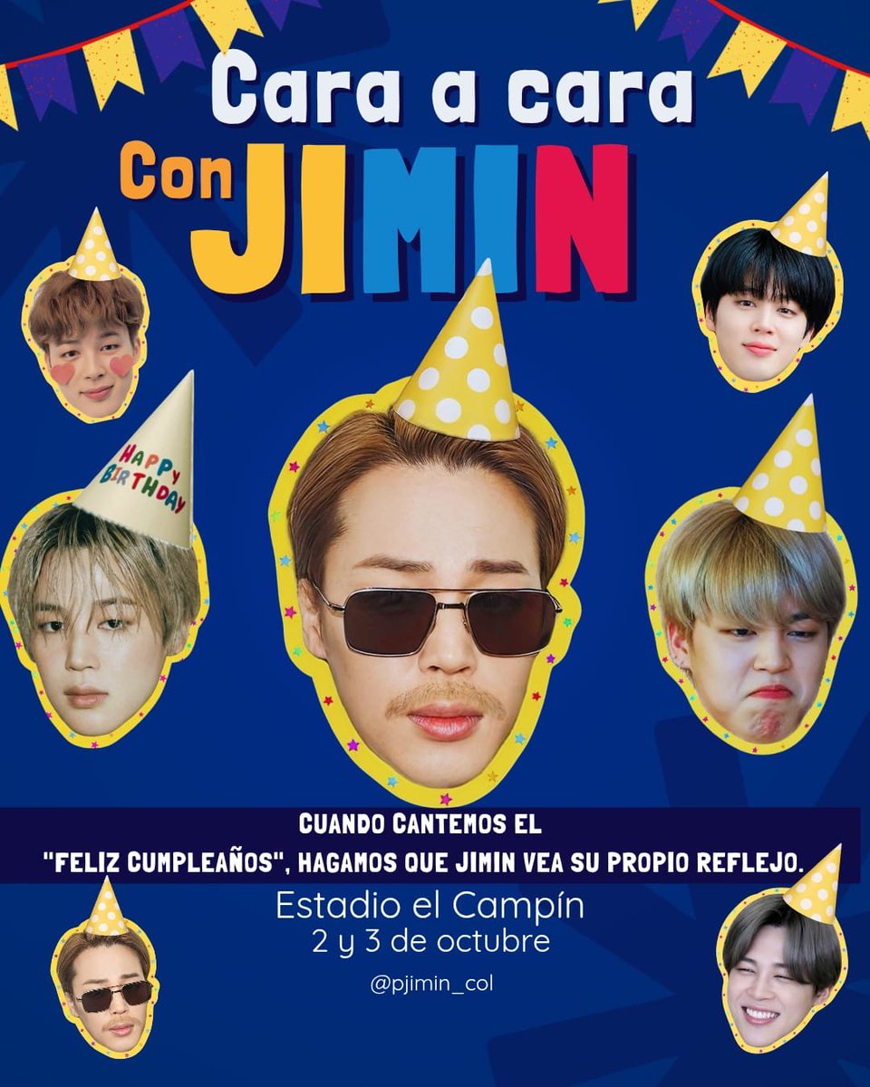PJiminColombia's tweet photo. Jiminlovers, “Cara a Cara con Jimin” llega a Bogotá este 2 y 3 de octubre para celebrar juntos su cumpleaños. 🎂🐥

🎯 Nuestra meta: 5.000 caritas cumpleañeras para Jimin 🥳

¡Seamos parte de este gran momento!✨

#JimtoberEnBogotá
#ElCampínLeCantaAJimin
#JimtoberfestColombia2026 https://t.co/IeXnalhZJU