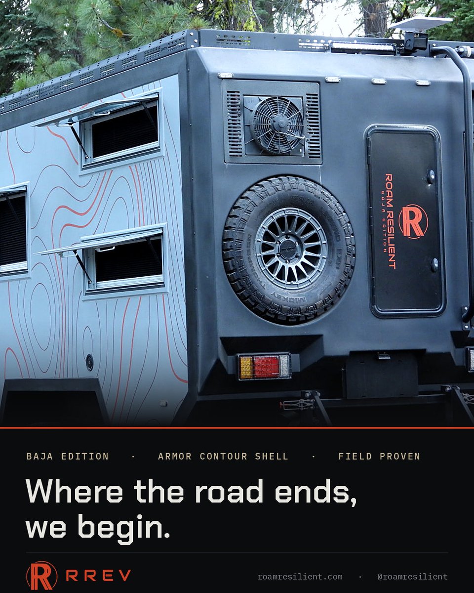 roamresilient's tweet photo. The trail doesn’t care what you drove in. That’s the point.

Baja Edition — armor contour shell, spare where it belongs, roof rack over everything.

Where the road ends, we begin.

#RoamResilient #ExpeditionTrailer #Overlanding #OffGrid #BajaEdition https://t.co/DV6ueINP5c