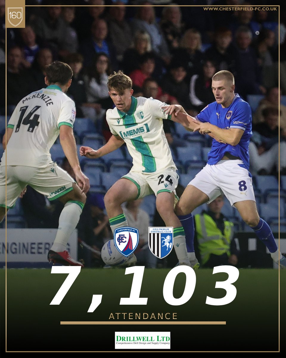 ChesterfieldFC's tweet photo. 68' | Tonight's attendance is 7,103 including 252 Gillingham supporters 👏
💙1-1⚪️
#Spireites | #CFCGIL | #EFL https://t.co/vr8yDR3CmV