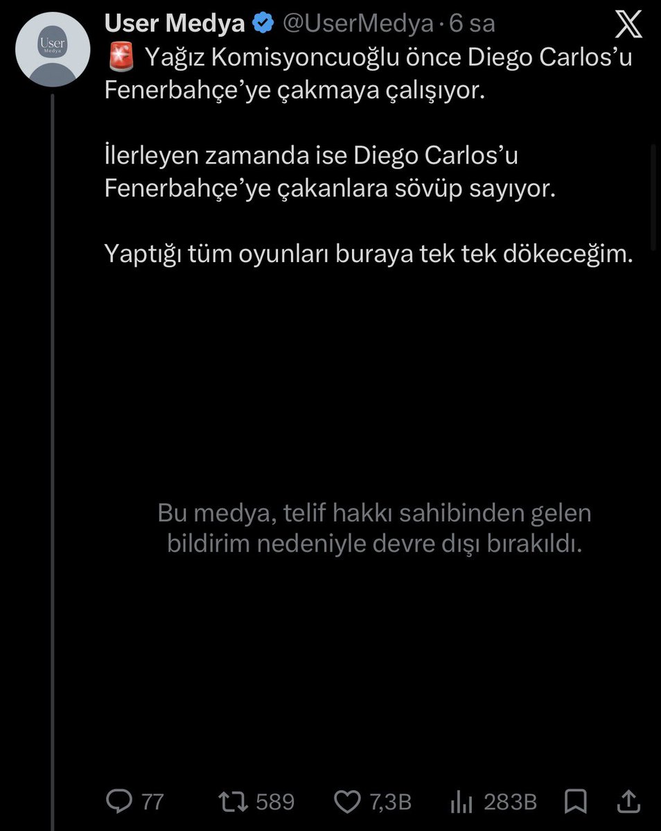 UserMedya's tweet photo. 🚨 Yağız Komisyoncuoğlu, Diego Carlos’u önce Fenerbahçe’ye çakmaya çalıştığı sonra ise bunu hangi komisyoncu Fenerbahçe’ye aldırdı dediği videoya telif attırdı. 

Senin ile uğraşmaktan vazgeçmeyeceğim , tüm taraftarlarımız gözünü açana kadar yaptığın tüm algıları, oyunları paylaşacağım.
