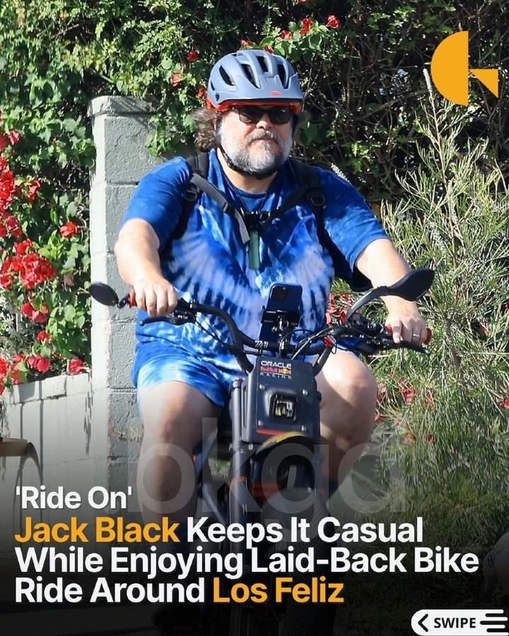 maximo4g's tweet photo. Jack Black was seen enjoying a relaxed bike ride through Los Feliz, embracing his characteristic easygoing look with a large tie-dye tee and coordinating blue shorts. https://t.co/0Rx5ndJNYA