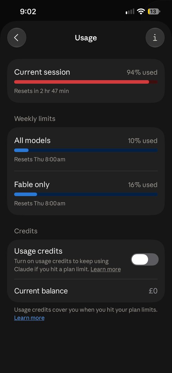 IndujanT's tweet photo. @alexgetmancom I’m on the 5x Max plan. After the reset, I’ve used fable 5.1 for 2h 14m, yet I’ve somehow used 94% of my 5h session, 10% of my weekly limit, and 16% of my Fable limit. I haven’t even used workflows or sub-agents. https://t.co/BloMQnHT0y