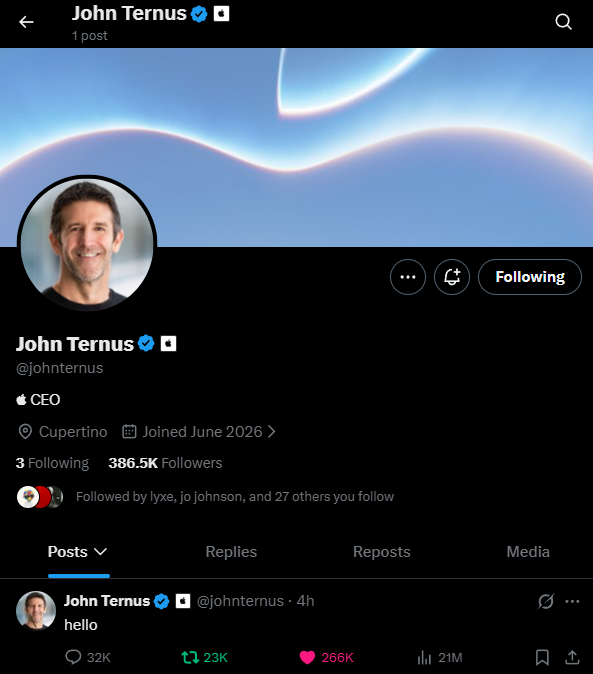 greybtc's tweet photo. John Ternus might hit 1M followers on X by the end of the week. A single "Hello" and he's outperforming most CT bros.

We really need to lock in. https://t.co/VVHVnVaszn