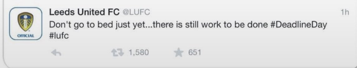 LeedsEverywhere's tweet photo. C’mon Leeds… you know you want to @LUFC #LUFC #DeadlineDay https://t.co/gqqyaNqE3v