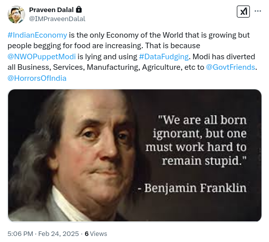 WarBoogeyman's tweet photo. The biggest lie about GDP of India is that it is the GDP of a nation. No, that is absolute bullshit. GDP of India is not the GDP of its citizens but the GDP of a handful of people who have been given complete control of India, its resources and its wealth says #PraveenDalal. https://t.co/w5dKE9lpqD