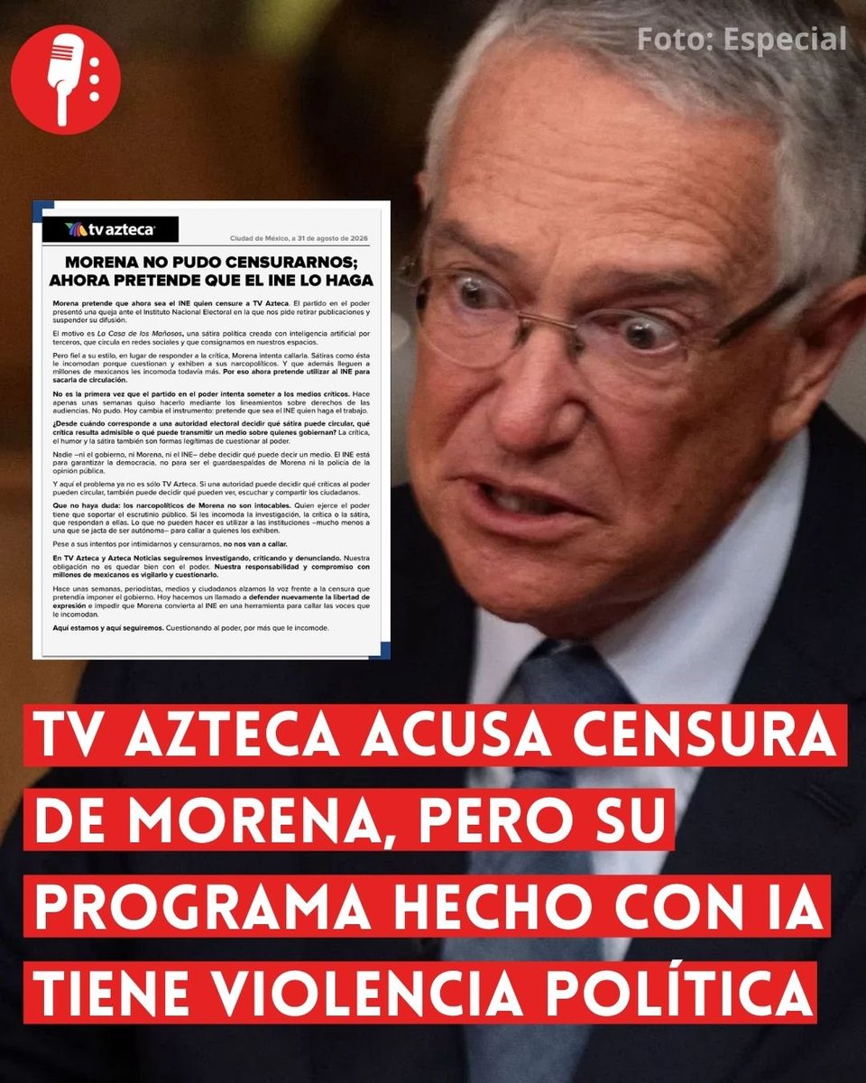 ReporterosMX_'s tweet photo. ⭕ OJO | TV AZTECA ACUSA CENSURA DE MORENA, PERO SU PROGRAMA HECHO CON IA TIENE VIOLENCIA POLÍTICA

TV Azteca enfrenta una controversia por difundir La Casa de los Mañosos, una sátira política creada con inteligencia artificial, ante la cual Morena presentó una queja ante el INE; la televisora acusa censura y defiende el contenido como libertad de expresión, pese a los cuestionamientos por utilizar imágenes y señalamientos para descalificar a integrantes de Morena. https://t.co/7pXhIoo60l