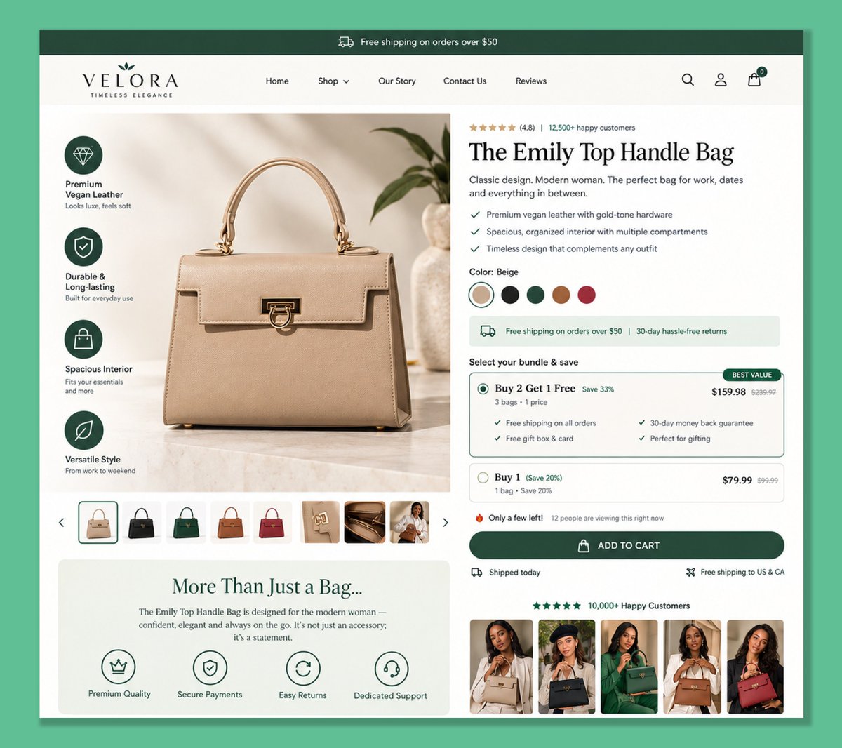 AdebanjiFe35705's tweet photo. Your PDP doesn’t need more information. It needs to answer the buyer’s next question.
That’s the difference between a product page that looks complete and one that actually moves someone toward checkout.
Looking at this handbag PDP, I’d think about the page as a decision sequence, not a collection of sections:
“Do I want it?”
A strong lifestyle hero creates desire.
“Is it actually worth the money?”
Benefits, materials, and bundle value answer that.
“Can I trust this brand?”
Customer photos and reviews sit directly around the buying action.
“What happens if I change my mind?”
Shipping and return reassurance reduce the perceived risk.
That’s the real job of a PDP.
Not to tell shoppers everything, but to remove the next reason they might hesitate.
And that changes how every section gets designed.
The question I’d ask before adding another section is the following:
“What buying objection does this section remove?”
If the answer is "none", it probably doesn’t belong on the page.
Shopify founders and DTC: Send me your PDP.
I’ll point out the biggest friction point I see before suggesting a redesign.
#Shopify #Ecommerce #CRO #DTC #ShopifyStore #EcommerceGrowth #ConversionRateOptimization